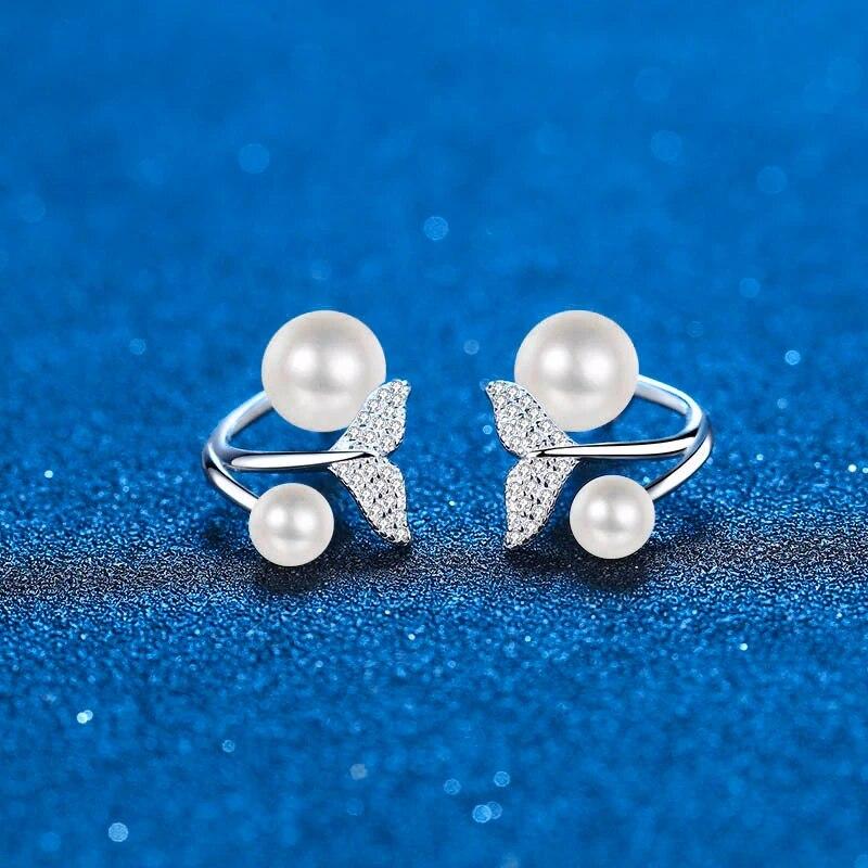 D Color 0.24CT Moissanite Mermaid Ear Jacket Front Back Ear Cuffs Double Pearl Stud Earring Freshwater Cultured Pearl Earrings Studs