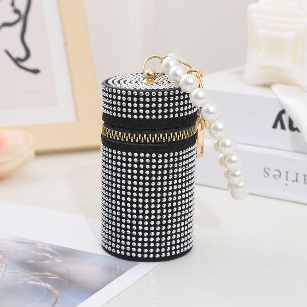 Simple Rhinestone Lipstick Bag Zipper with Keychain Coin Purse Mini Cylindrical Coin Bag