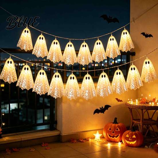Modern Halloween Home Atmosphere Decoration String Lights with Sequin Fabric Decor Battery Operated Party Porch Decorations 10 White Ghost for Patio