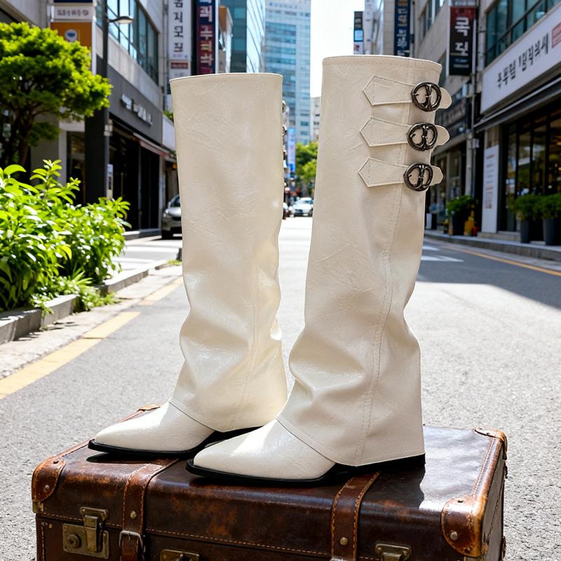 

осень-зима 2025 новая модель женские ботильоны-брюки с острым носком и высокой платформой с ремешком-пряжкой до колена ботильоны на танкетке рыцарские ботинки 40 белый