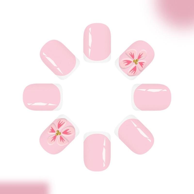 Elegant 3D Raised Flower Press On Nail Pink French Tip Fake Nail Plastic Comfortable Reusable False Nail For Daily Use