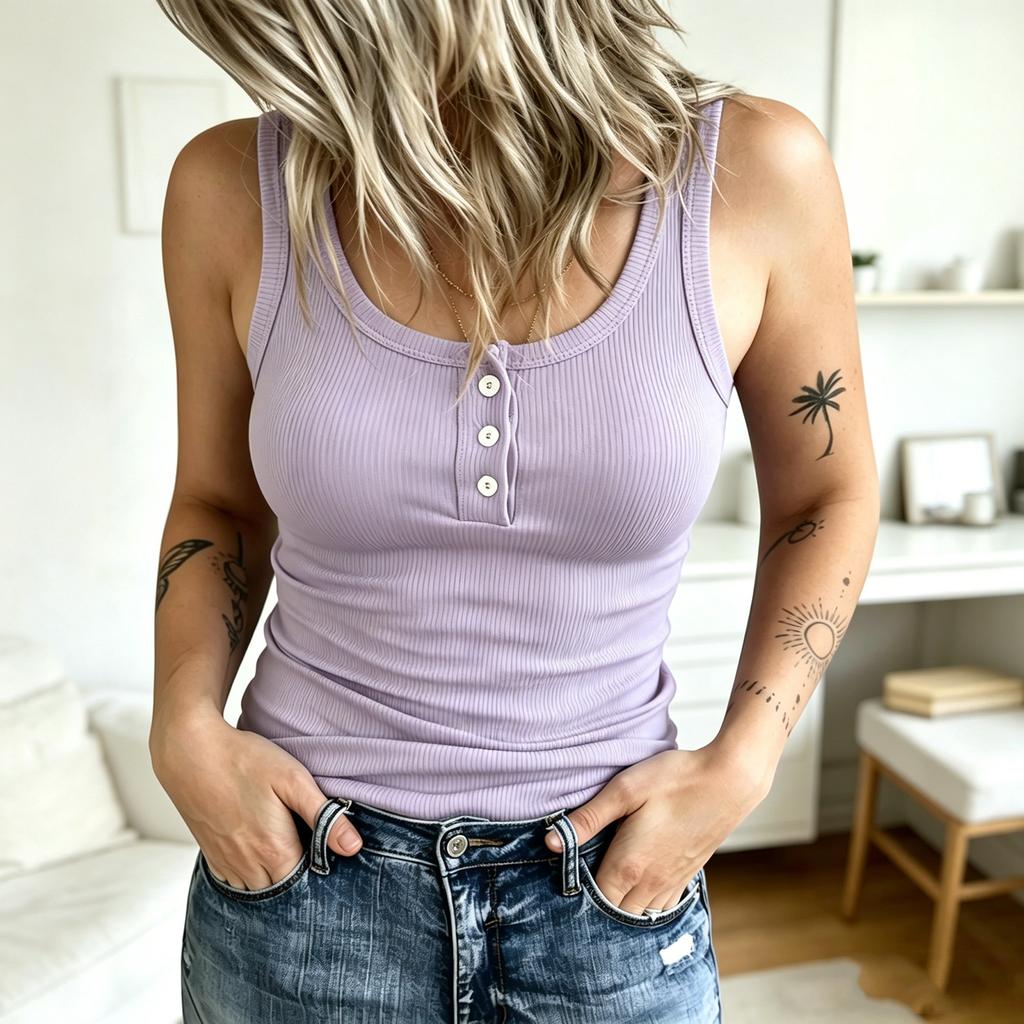 Damen Freizeit Ärmelloses Rippstrick Slim Fit Tanktop mit Knopfleiste am Ausschnitt