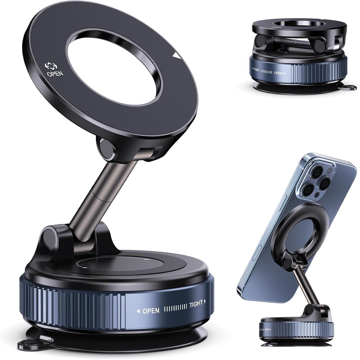 

Magnetic Car Phone Holder - Vacuum Suction Cup Phone Mount 360° Adjustable Durable Metal Stand for iPhone & Android чёрный