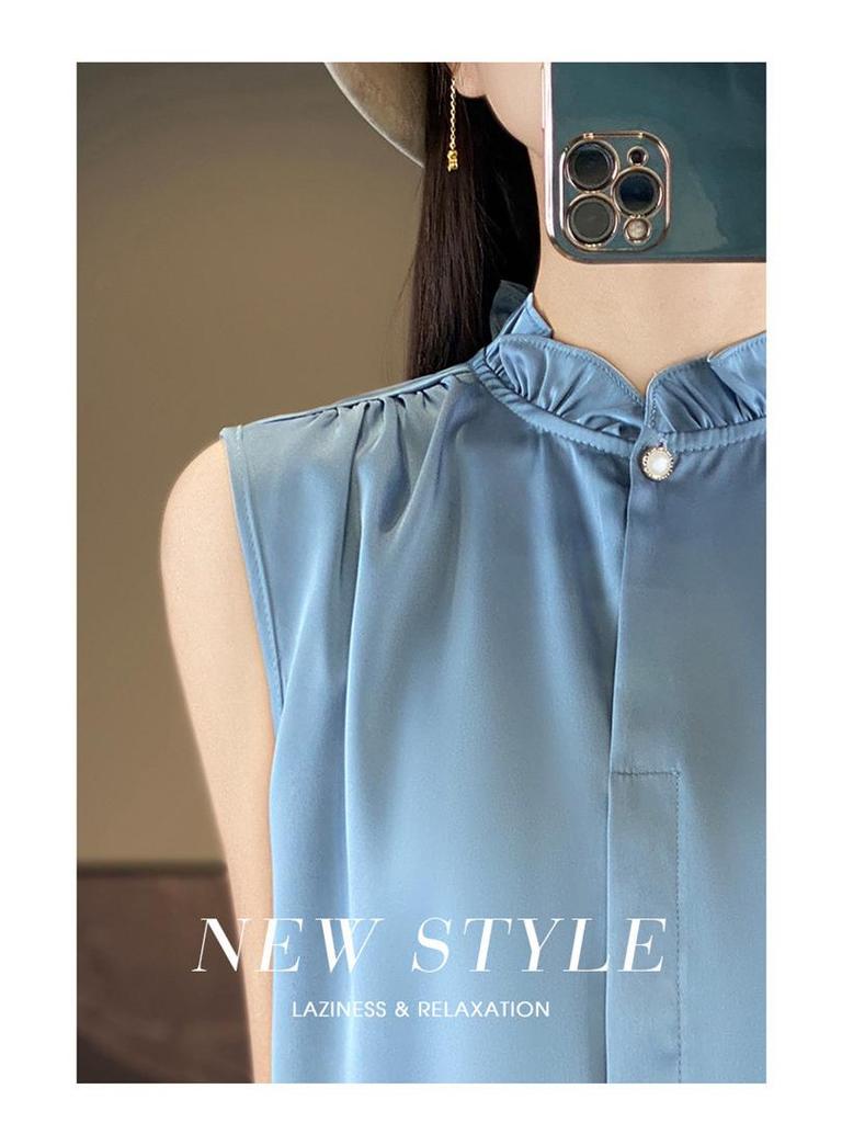 Wood Ear Lace Collar Silky Satin Sleeveless Slimming Vest for Women - Spring/Summer Temperament Shirt