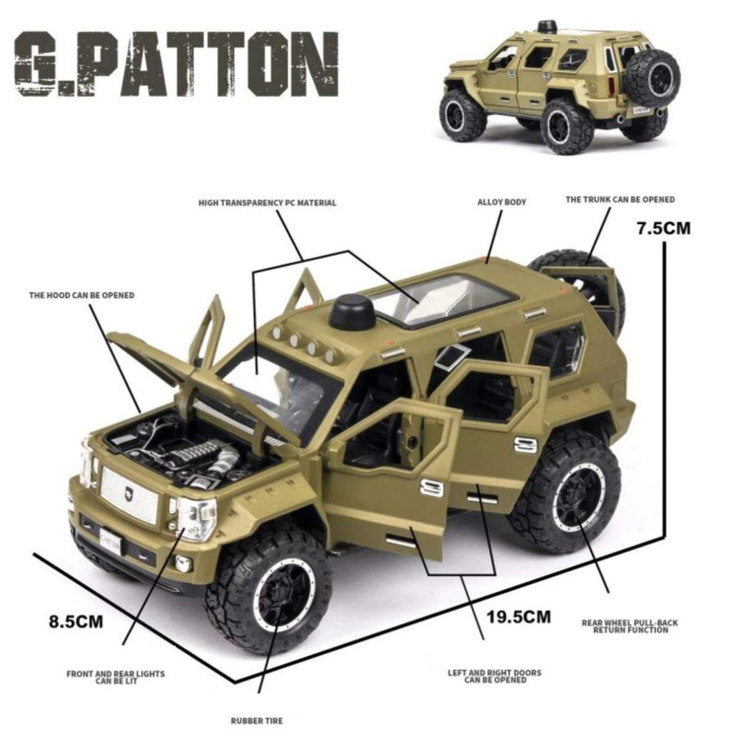 Druckgussauto im Maßstab 1/24, Modell G Patton, Metalldruckgussauto aus Legierung, mit Licht und Sound, Pullback, zu öffnende Tür, Spielzeugauto für Kinder, beste Geschenke