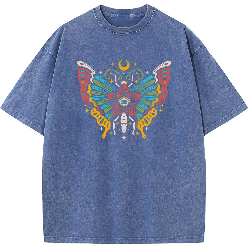 Butterfly Moon Women's Short-Sleeved T-shirt Bleached Tshirt Fashion Loose Washed T-Shirt Cotton Bleach T shirt