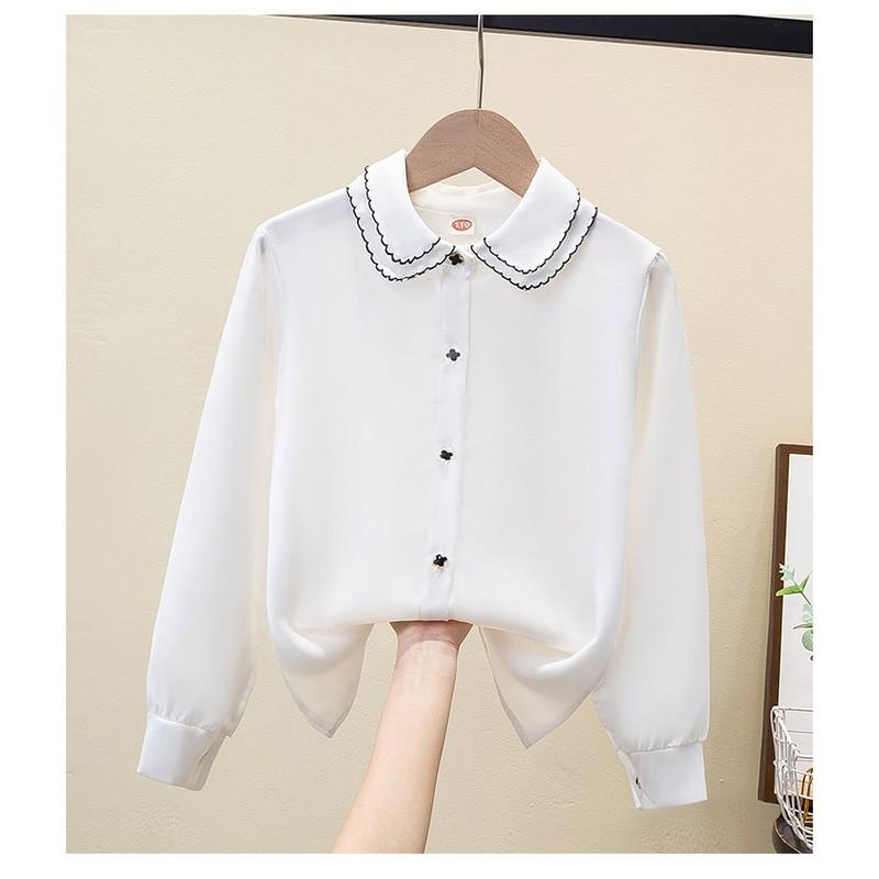 Girls White Blouse Long Sleeve Ruffle Lace Trim Viscose Shirt Children Student Class Uniform Schoolwear Spring Autumn Kids Top Fashion Design Layering