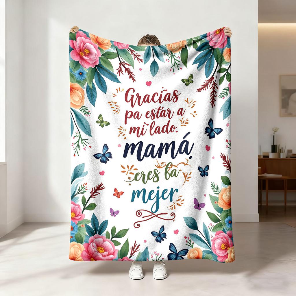 Mother's Day Flannel Blanket 230GSM I Love You Mom Floral Print Soft Cozy Throw Blanket Gift for Mom Grandma