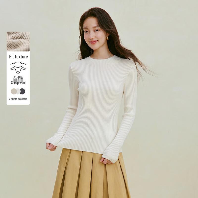INMAN Women's Long Sleeve Ribbed Merino Wool Pullover Sweater