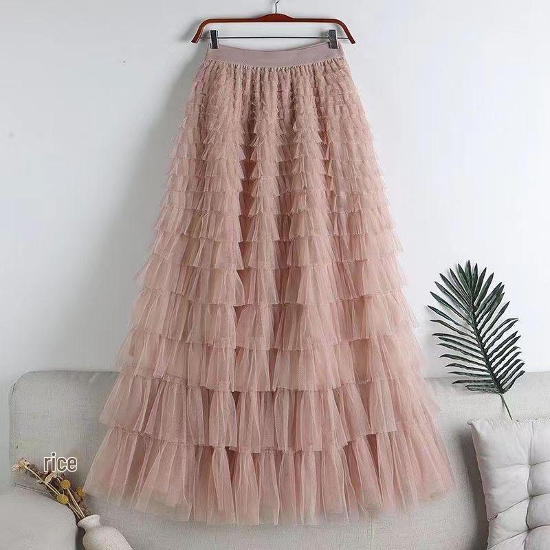 Women's Mesh Ruffle Midi Skirt - New Style Socialite Slimming Cake Skirt