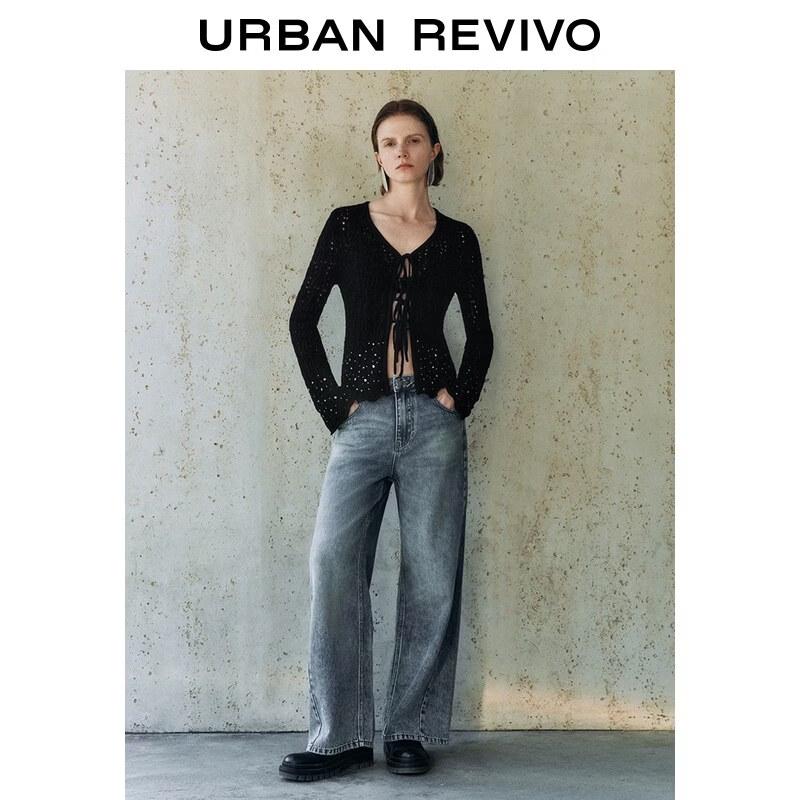 UR2026 Women's Rivet Lace-Up Hollow Knit Cardigan