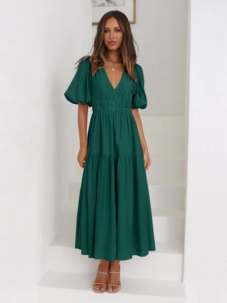 Mote Damer Sommer Vintage Kjole Kvinner Lanternermer Volanger Casual Kjole V-hals Høy Midje Sexy Selskap Midi Strandkjoler