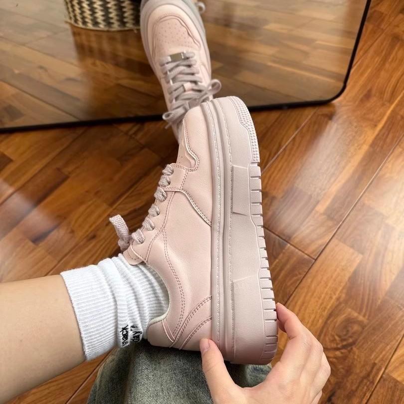 Xiaobai fat 6cm leather thick baseplate shoes women's small height increase Xiaobai shoes women's pink round head lace-up shows long legs