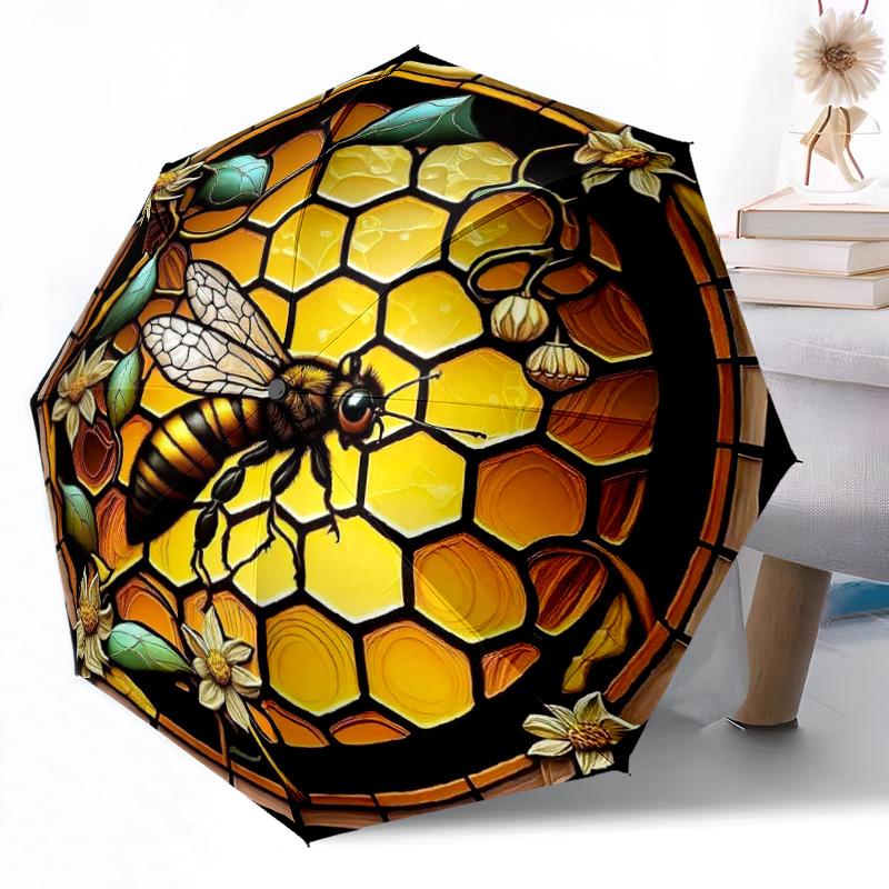 Vintage Bee Circular Art Pattern Outdoor Automatic Umbrella Retractable Design with 8-Rib Durability Lightweight Perfect Gift for Friends Family