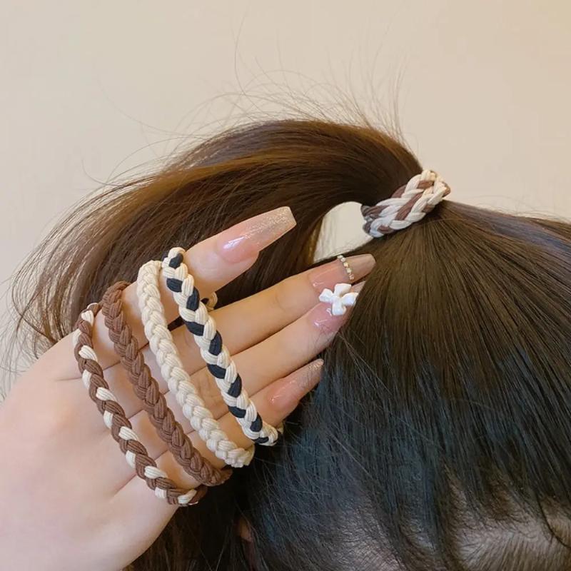 5PSC Simple Braided Hair Tie Coffee Highly Elastic Hair Rope Durable Nylon Rubber Band Women Girl