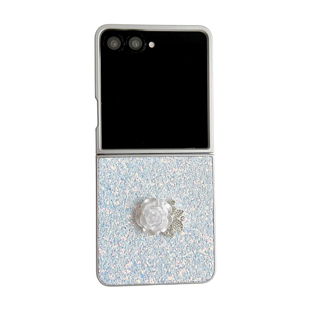 Phantom Glitter Pink White Rose Mobile Phone Case for Samsung Z FLIP7 Samsung 5th Generation Folding Protective Case Luxury Anti-drop