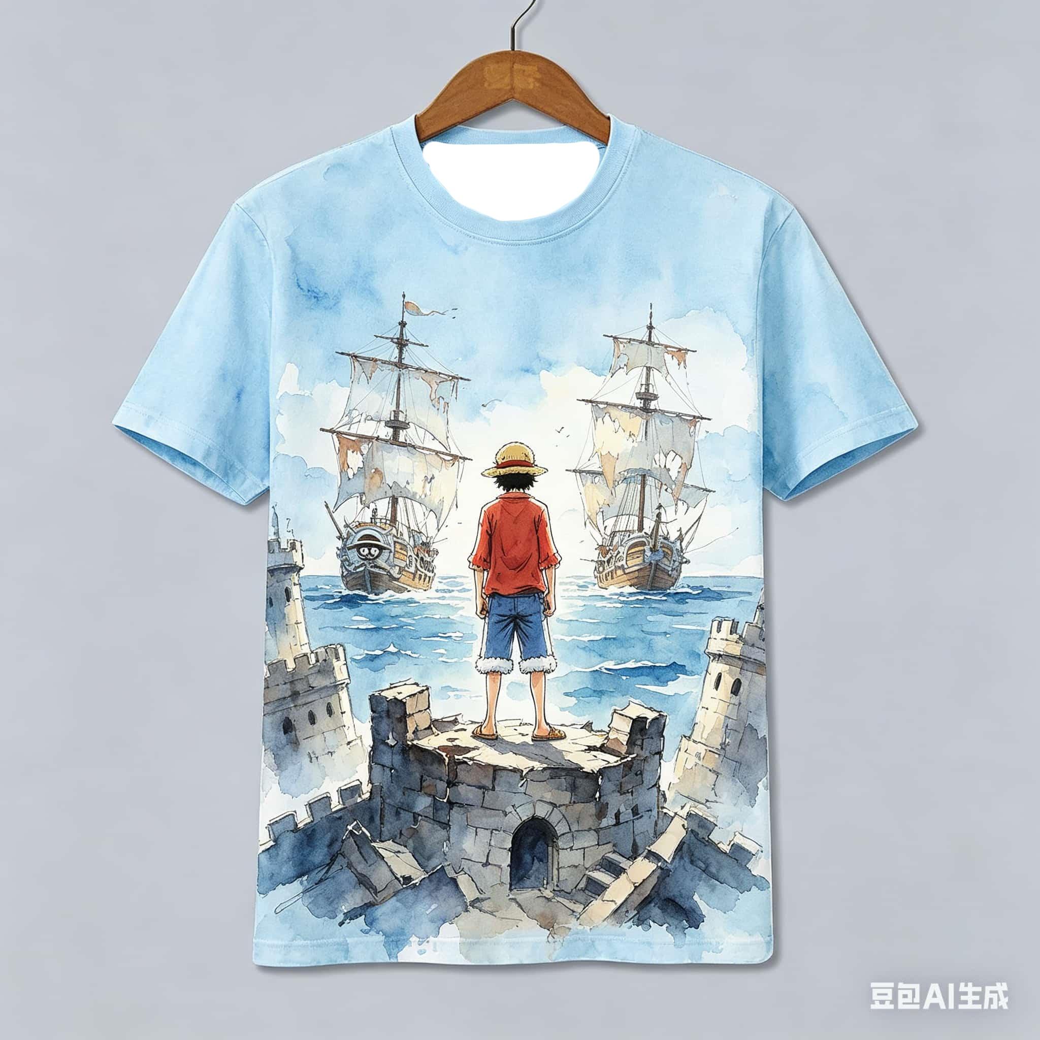 

One Piece T-shirt, Luffy 3D Printed Pattern T-shirt Yearning for The Sea, Comfortable and Loose, Suitable for Men S