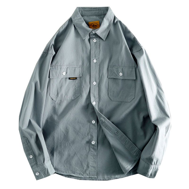 Export Export Tail Single Men's Cut Label Big Brand Leak-Picking Pure Color Multi-Pocket Workwear Shirt Long Sleeve Pure Cotton Shirt Autumn