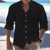 Men's Linen Button-Down Shirt Summer Beach Shirt Long-Sleeved Plain Stand Collar Spring/Summer Casual Everyday Wear