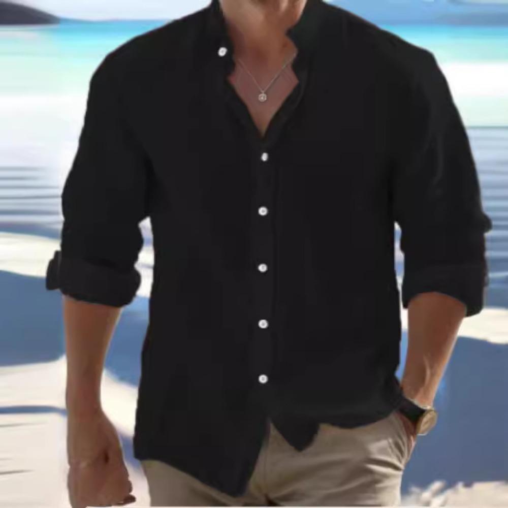 Men's Linen Button-Down Shirt Summer Beach Shirt Long-Sleeved Plain Stand Collar Spring/Summer Casual Everyday Wear