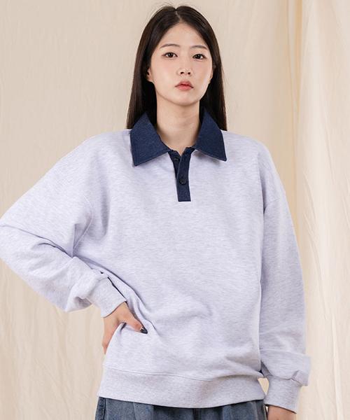 Ellamo French Terry Two-Button Denim Collar Oversized Sweatshirt [Melange]