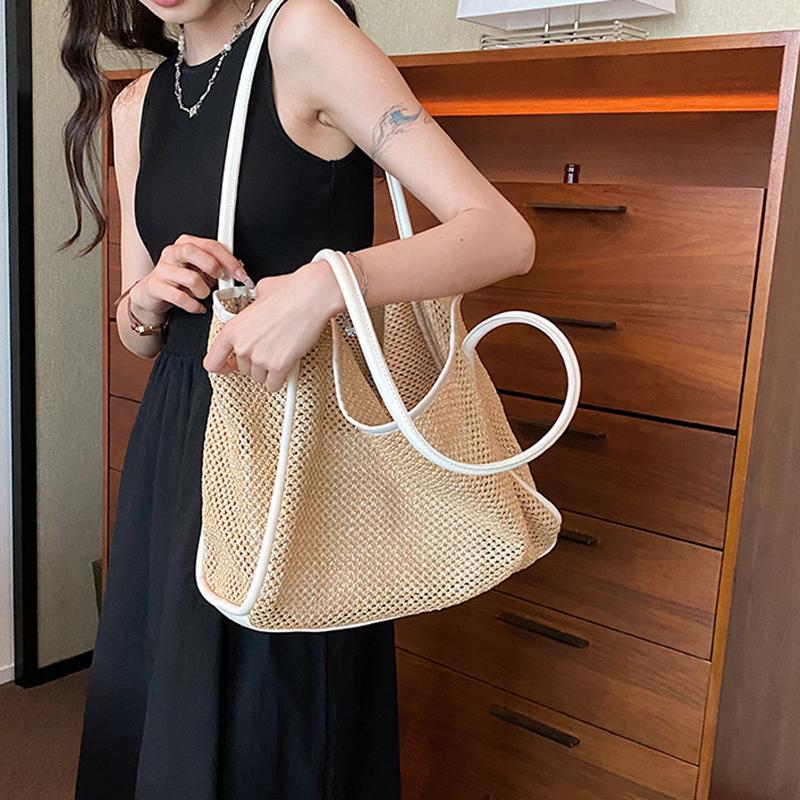 Large Capacity Beach Hollow Composite Tote Solid Color Leather Small Pouch Straw Woven Shoulder Bag Lightweight Polyester