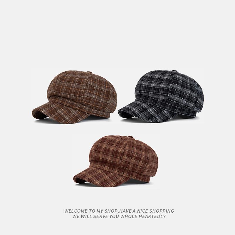 Vintage Plaid Beret Women's Autumn Winter Octagonal Cap Painter's Cap