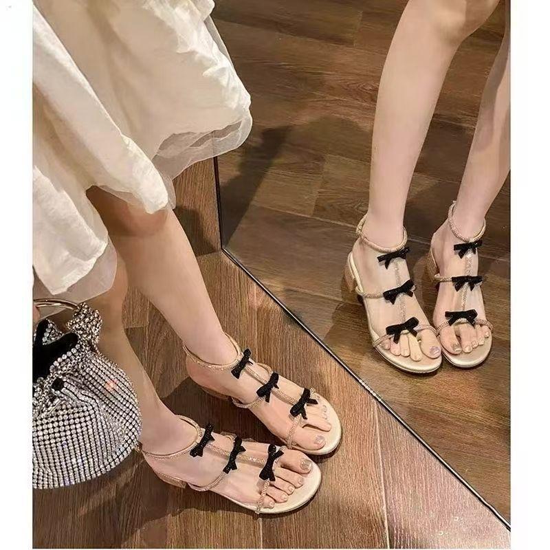 Thick Heel Medium Heel Sparkling Gold Roman Sandals Women's 2025 Vintage Open-toed Bow with Diamonds Stunning High Heel