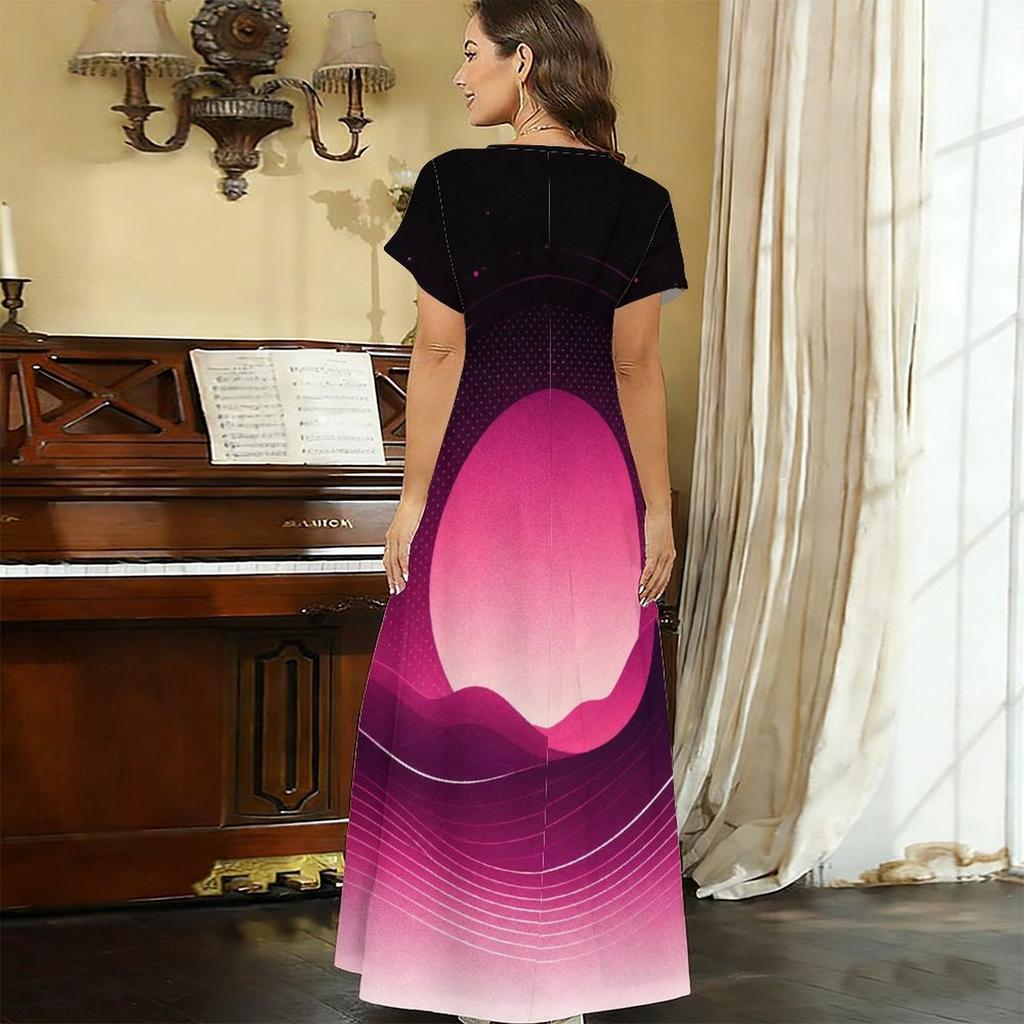 Women Plus Size V Neck Short Sleeve Colorful Swirl Printed Long Maxi Dress