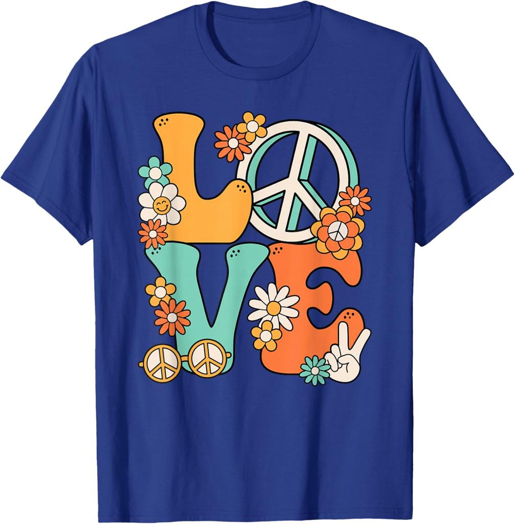 Hippie Love Peace Groovy Flowers Retro 70s Style Graphic Print Cotton T-Shirt Unisex Trip Casual