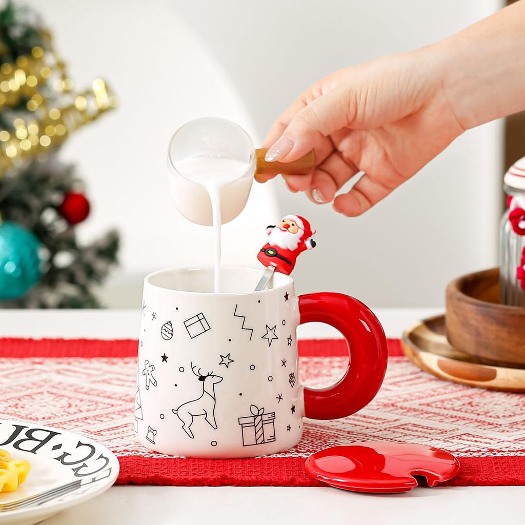 Christmas creative contrasting color cartoon ceramic cup Santa mug student gift water cup with lid spoon cup