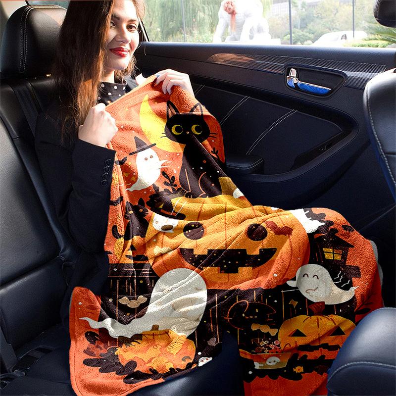 1pc Cats & Ghosts & Pumpkins Halloween Blanket  Seasonal Universal Home Decorative, Living Room, Travel, Camping, Car Blankets