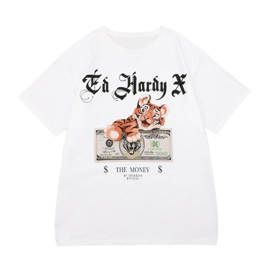 Ed Hardy X Black TShirt Mens Short Sleeve Tee with Tiger Money Graphic Streetwear Style for Fashion Enthusiasts