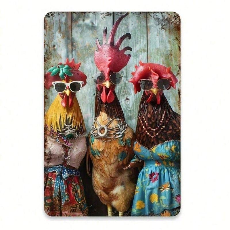 Metal Wall Art Rooster with Sunglasses Dress Kitchen Poster