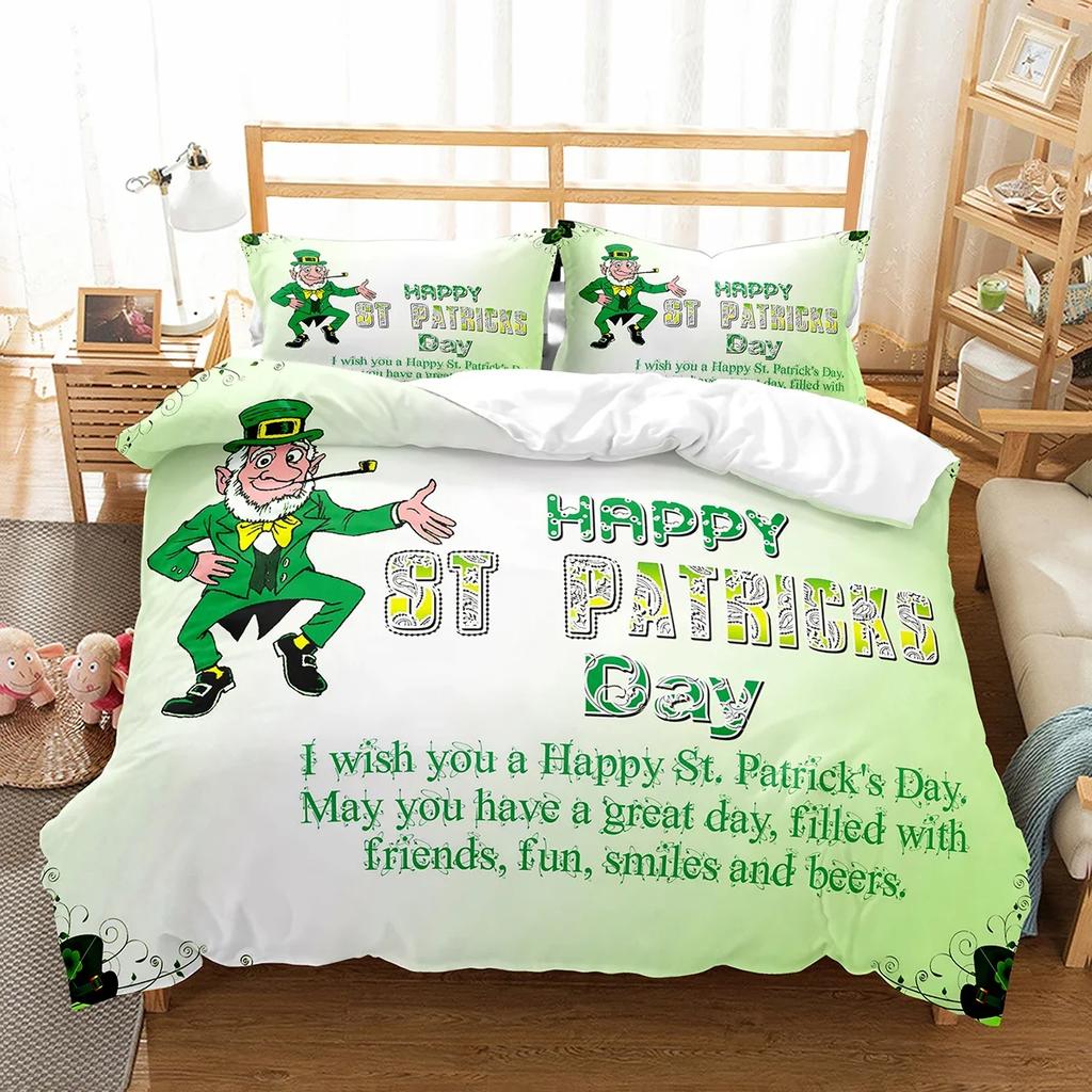 Happy St Patrick's Day Duvet Cover Set Plant Clover Bedding Set Green Lucky Leaf Quilt Cover Botanical Leaves Bedspread Cover