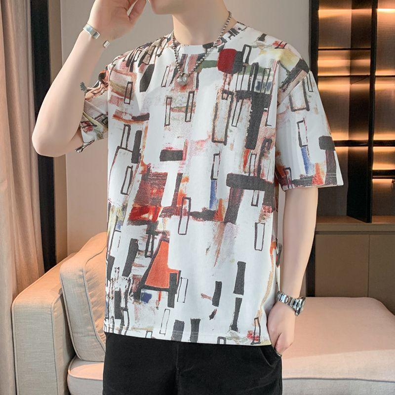 Young Style Hand-Painted Pullovers Men's Clothing Chic Contrasting Colors Summer Short Sleeve Loose Casual Round Neck T-shirts