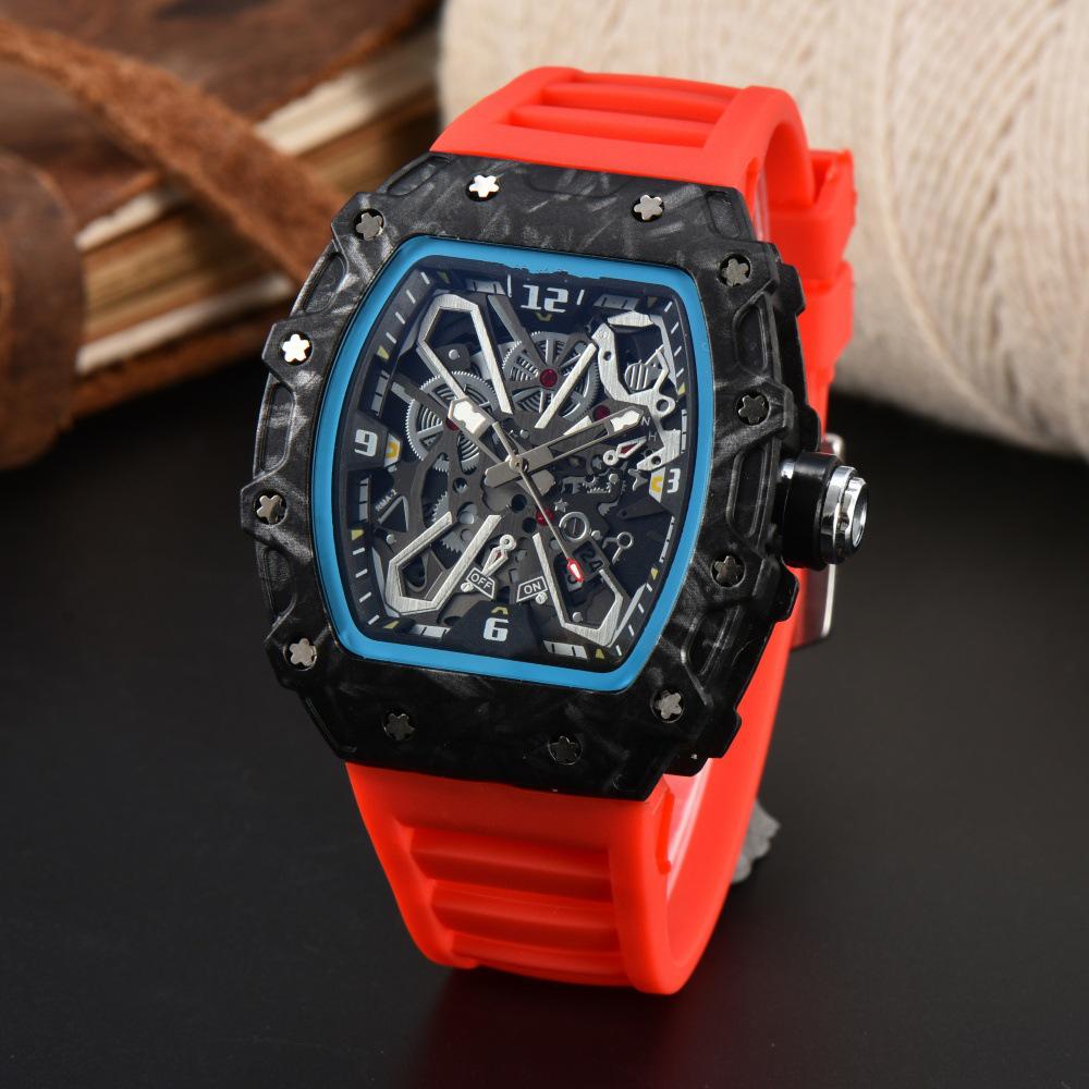 Vibrant Wine Barrel Shape Quartz Watch with Carbon Fiber Hollow Design for Men