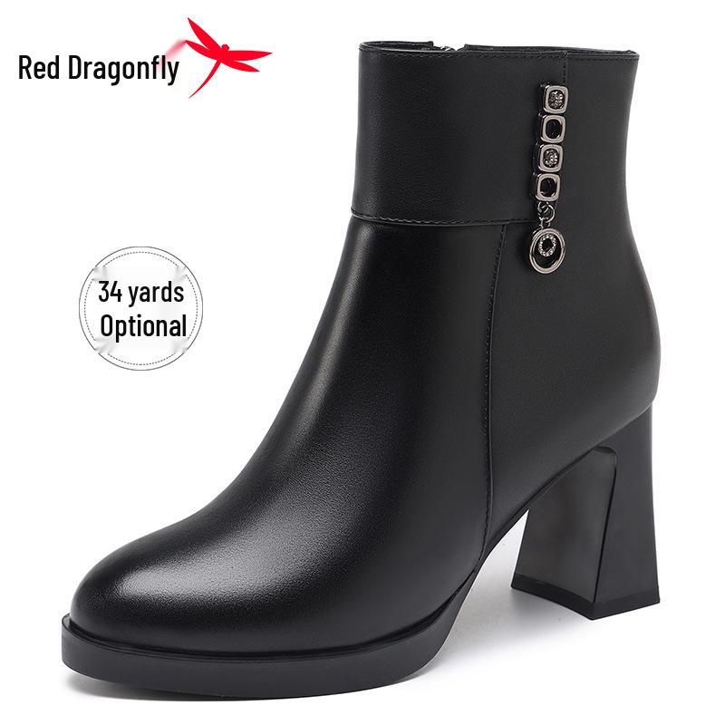 Red Dragonfly Women s Genuine Leather Chunky Heel Mid-Calf Fashion Boots with Velvet Lining 37
