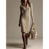 Women's Turn Down Collar Long Sleeve Midi Dress High Waist Casual Ribbed Knit Sweater Dress