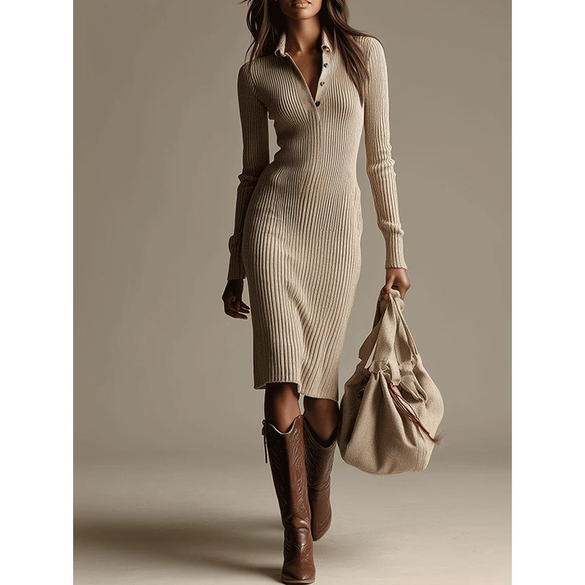 Damen Turn-Down-Kragen Langarm Midi-Kleid Hohe Taille Lässig Geripptes Strickpullover-Kleid XS apricot