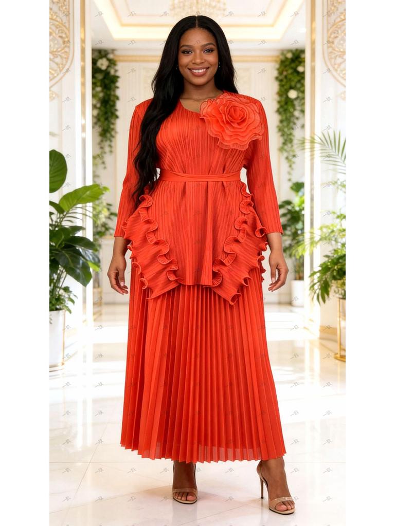 Miyake Plus Size African-Inspired Pleated Ruffle Irregular Two-Piece Set - Women's Fashion