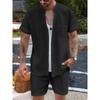 Men Casual Summer Short Sleeve Shirt And Shorts Henley Neck Pocket Beach Clothing Set