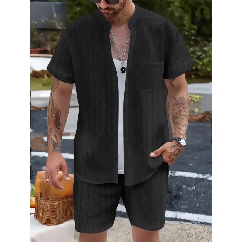 Men Casual Summer Short Sleeve Shirt And Shorts Henley Neck Pocket Beach Clothing Set