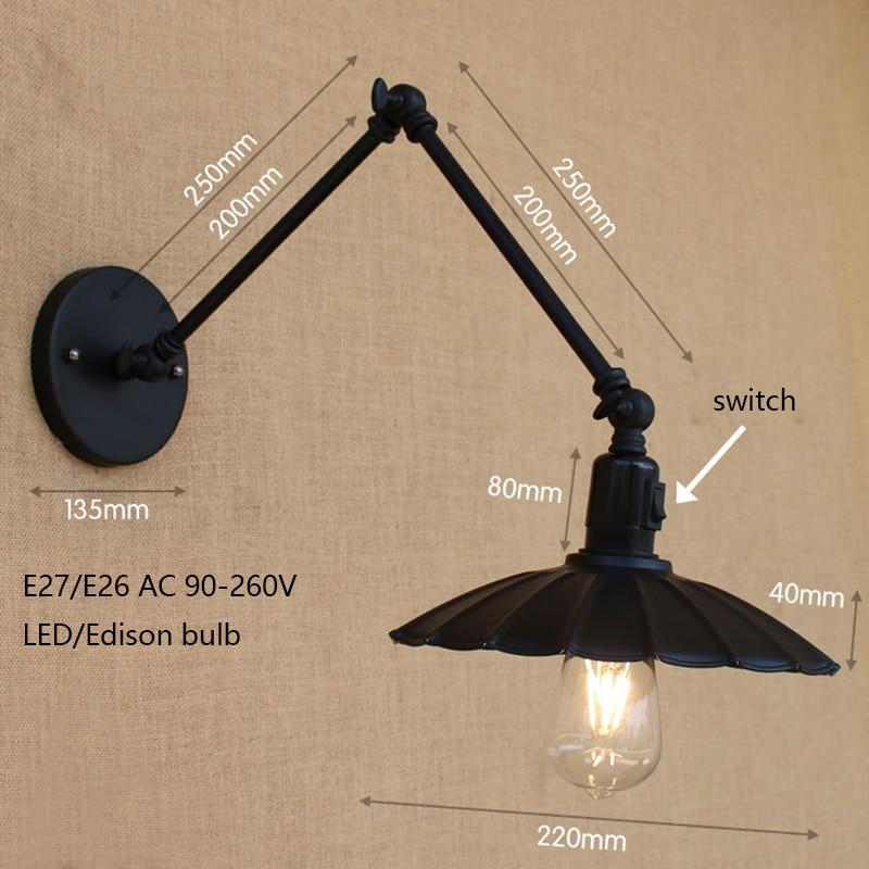 Retro-Wandleuchte aus Schmiedeeisen, schwarz, mit langem Arm, E27, für Studio, Nachttisch, Schlafzimmer, Dachboden, Gang