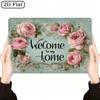 Vintage Welcome Sign, Rustic Floral Metal Wall Decor, Pink Roses Home Entry Art 12x8