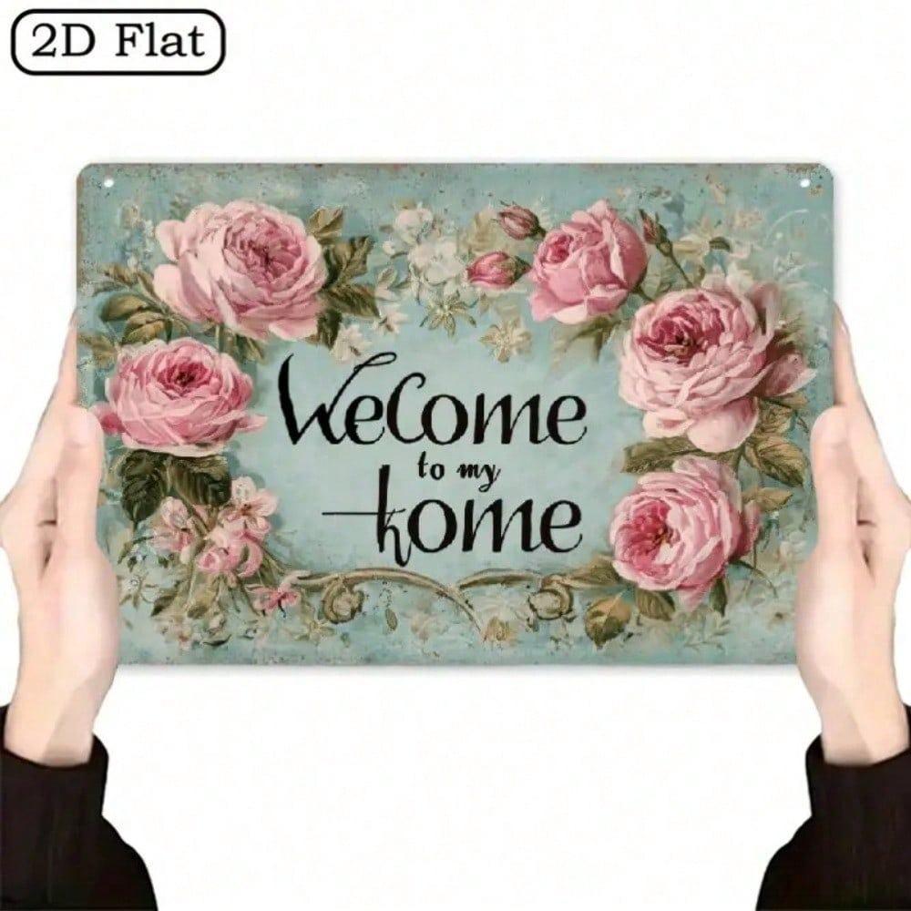 Vintage Welcome Sign, Rustic Floral Metal Wall Decor, Pink Roses Home Entry Art 12x8