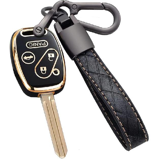 Key Fob Cover For Honda With Leather Keychain, Premium TPU Key Case Compatible With 2003-2015 Honda Accord Crosstour Civic EX CR-V Pilot Element