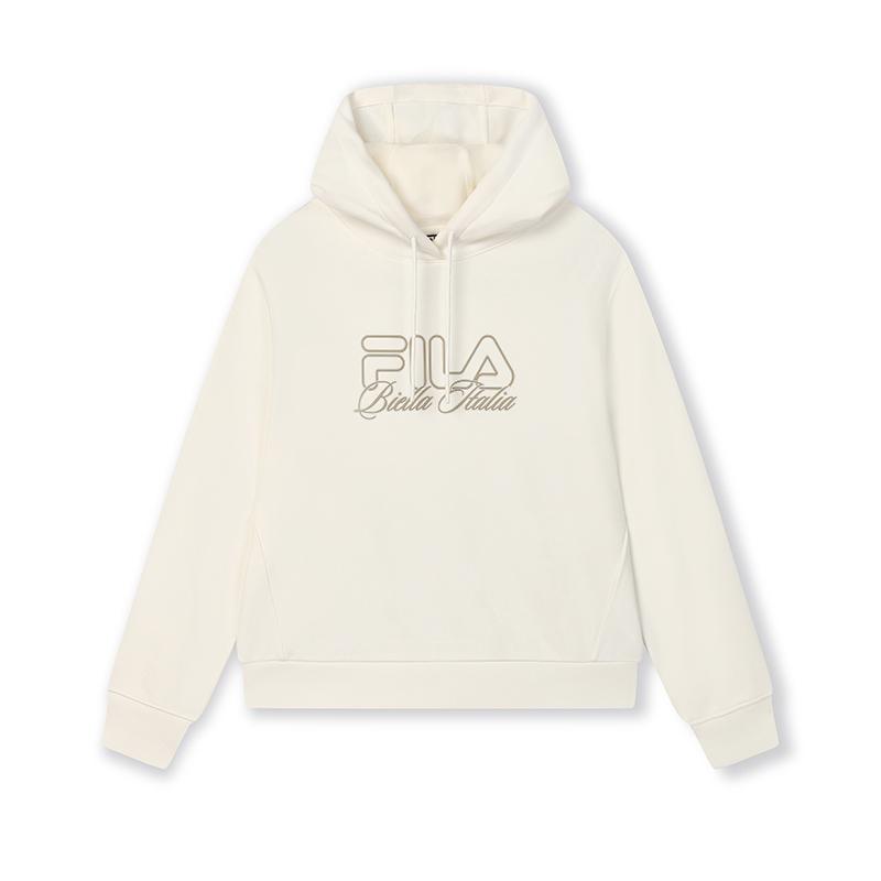 FILA Original Hooded Letter Striped College Pullover Long Sleeve Sweatshirt Women sweatshirt Cloud-Mushroom-White F11W519207FWT