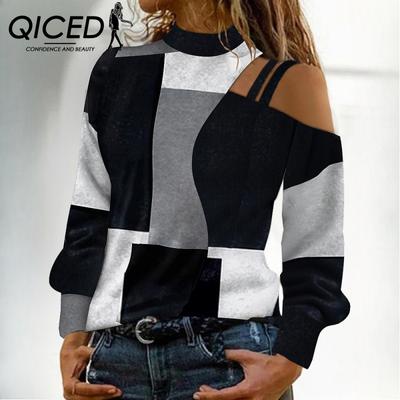 Outono e inverno feminino simples sem alças geométrico bloco de cores padrão manga longa top