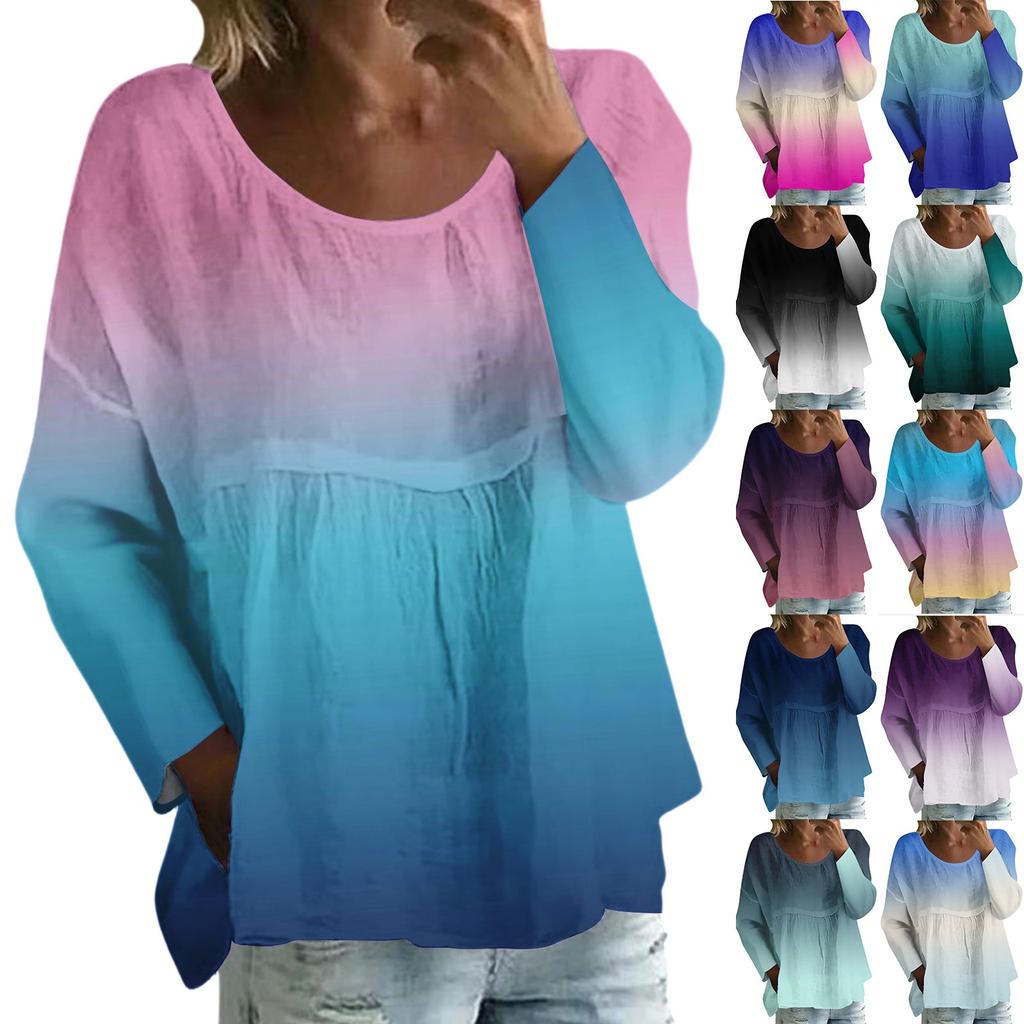 Women's Casual Fashion Loose Round Neck Gradient Print Long Sleeve Top